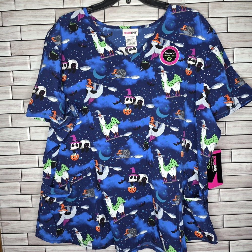 New Scrub Star Women's 3XL Halloween Scrub Sloth Lama‎ Top Work Blue Shirt